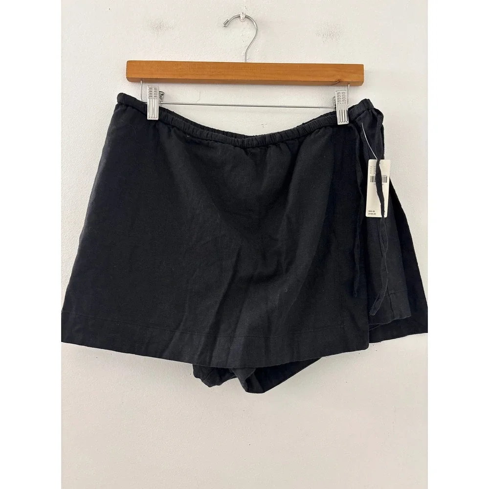 By Anthropologie Linen-Blend Mini Skort Black Wrap Front Side Tie Size M NEW